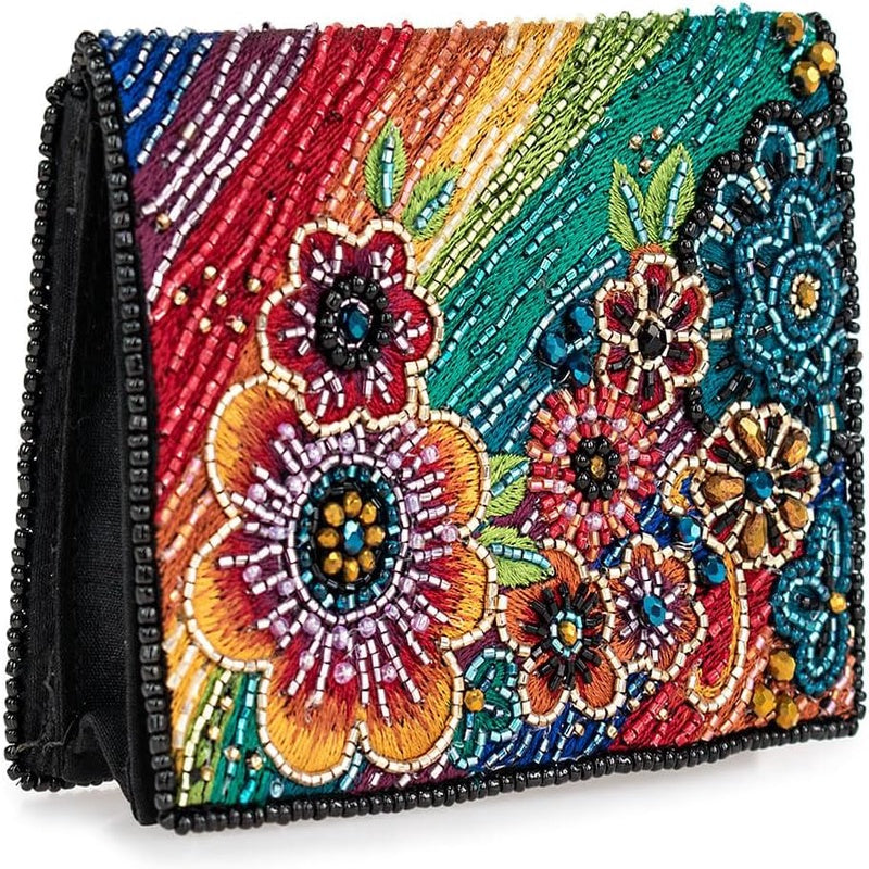 Wallet for various occasions, with rainbow floral design and multiple compartments. Mini clutch purse in multicolor.