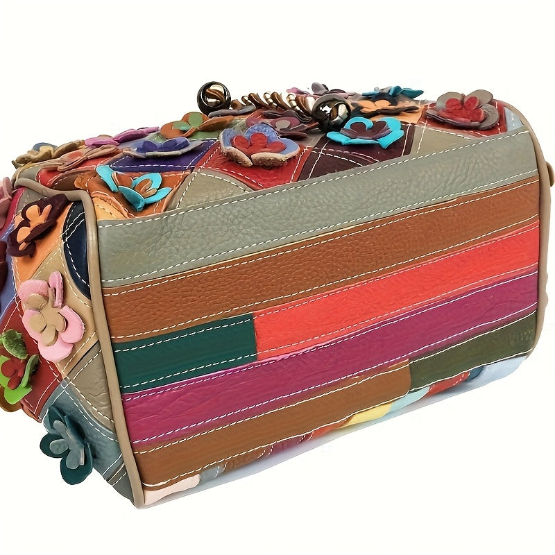 Women'S Bohemian Floral Backpack - Handmade Genuine Cowhide Leather Multicolor Flower Design with Adjustable Straps & Drawstring Closure, Vibrant Boho School Backpack for Travel, Festivals, Everyday Use - Durable & Spacious Main Compartment (No Hard