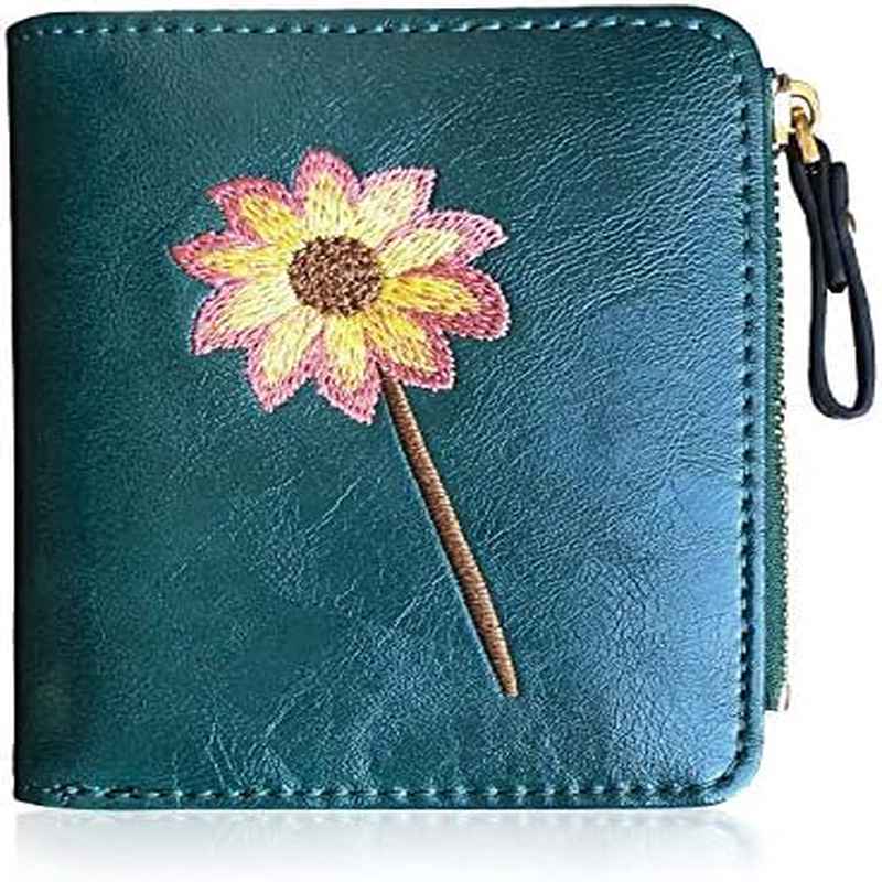Wallet Small Bifold | RFID, Compact Female Cute Mini Zipper Coin Card Purse for Teen, Green, Fabric, Cartoon Pattern, Hand Washable