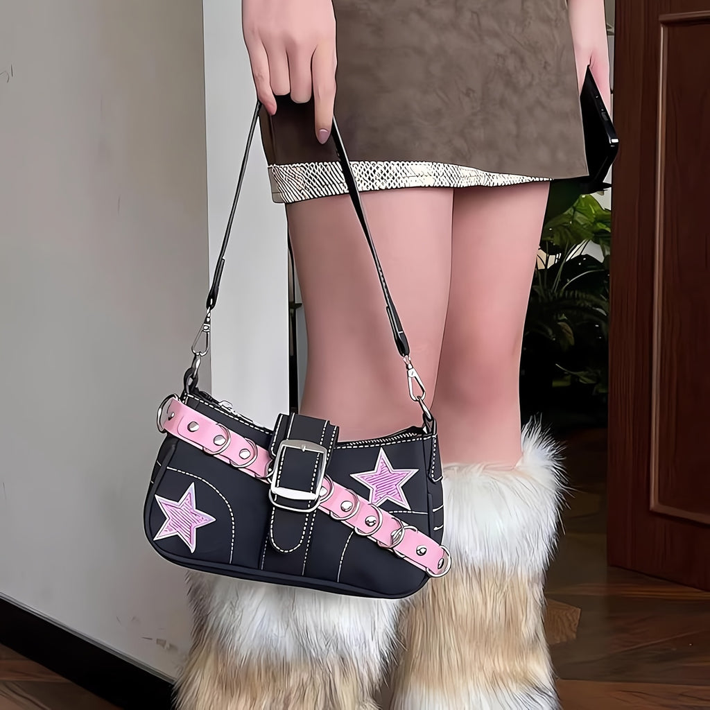 1pc Women's Retro Punk Chain Shoulder Bag - Detachable Strap, Zipper Closure, Nylon Handbag with Black & Red Star Embossed Design, Edgy Urban Style for Casual & Formal Outfits