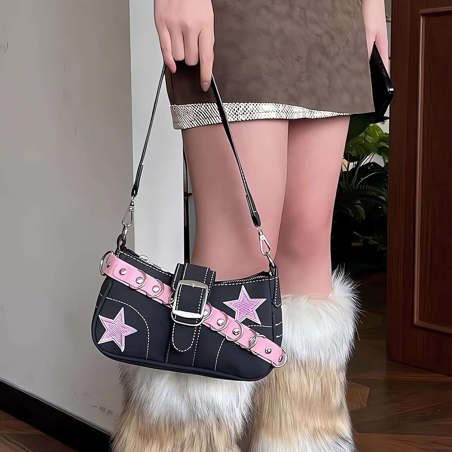 1pc Women's Retro Punk Chain Shoulder Bag - Detachable Strap, Zipper Closure, Nylon Handbag with Black & Red Star Embossed Design, Edgy Urban Style for Casual & Formal Outfits