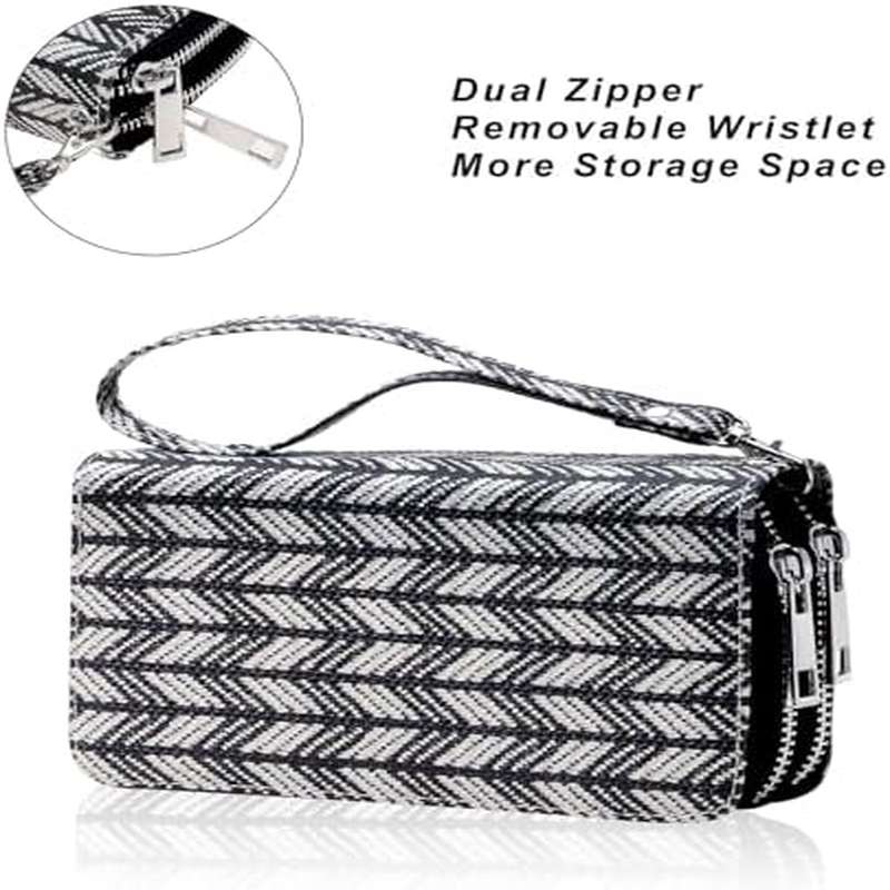 Double Zipper Wallet for Woman - Clutch Purse | Cell Phone Holder for Phone Card Coin Cash, Made of Linen