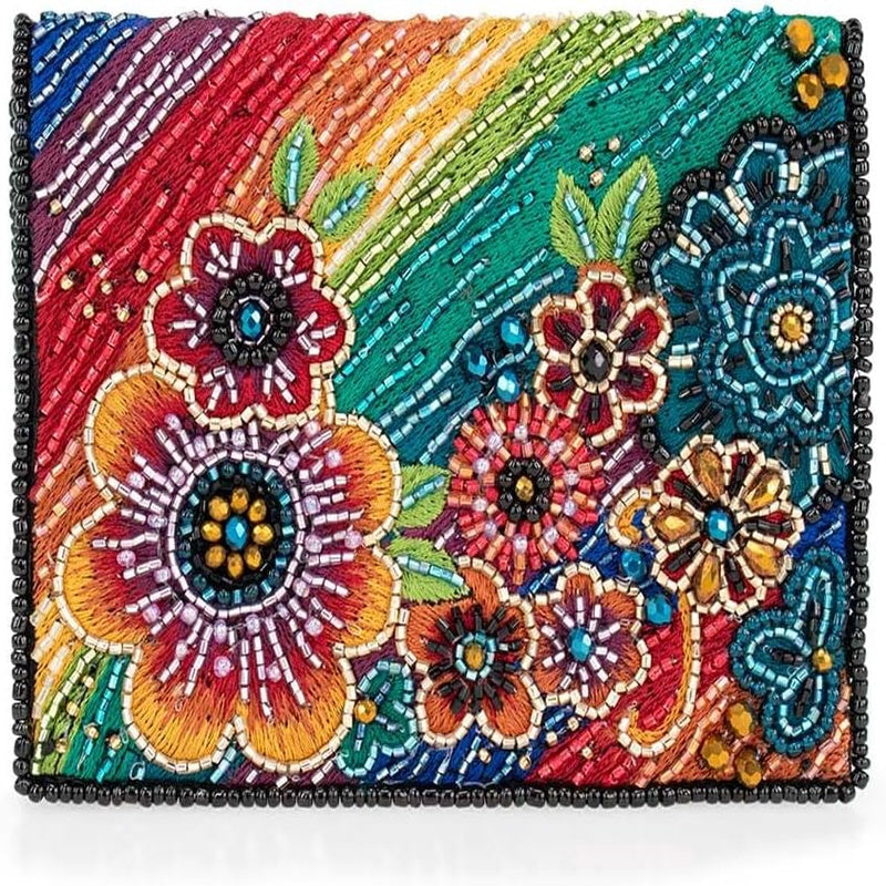 Wallet for various occasions, with rainbow floral design and multiple compartments. Mini clutch purse in multicolor.