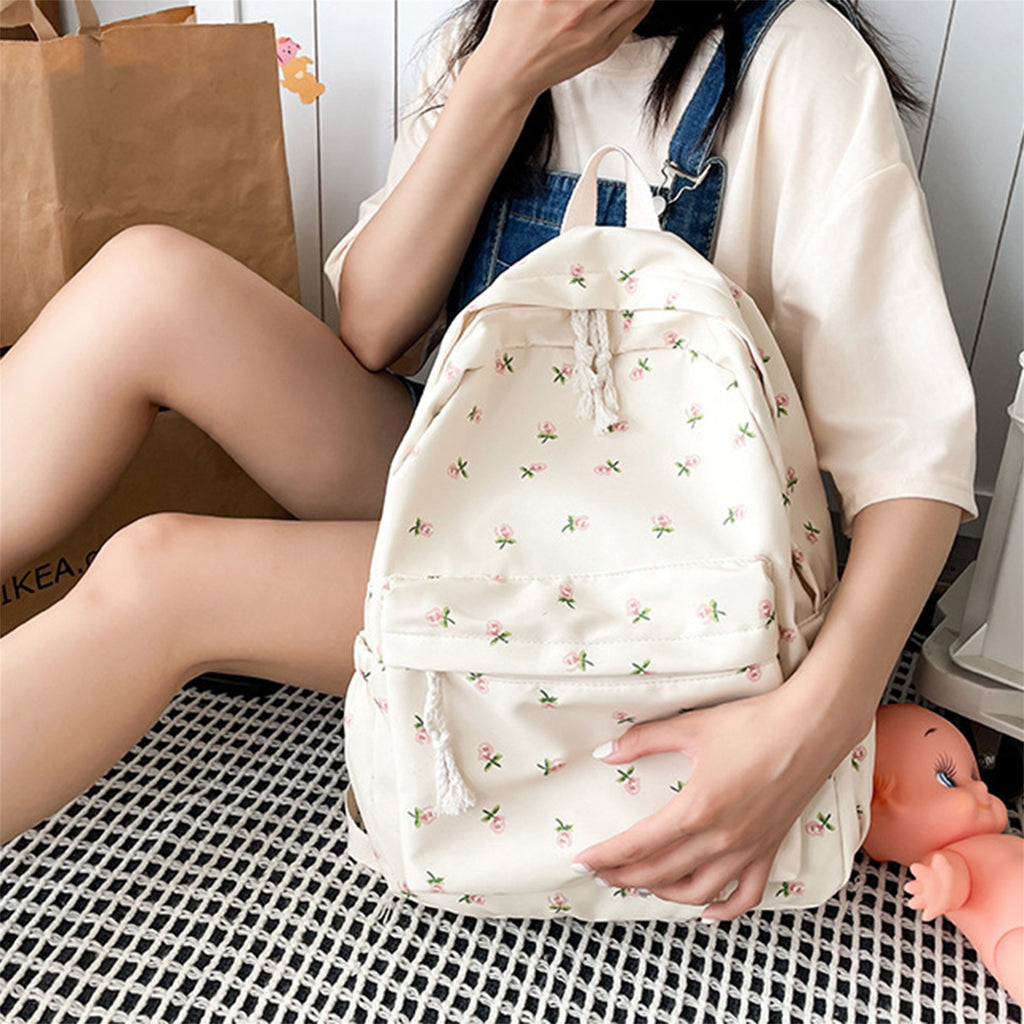 Women's Lightweight Canvas Backpack with Cute Floral Print - Soft Shell School Bookbag, Travel Daypack, Zipper Closure & Narrow Pockets, Machine Washable White, Travel Backpack
