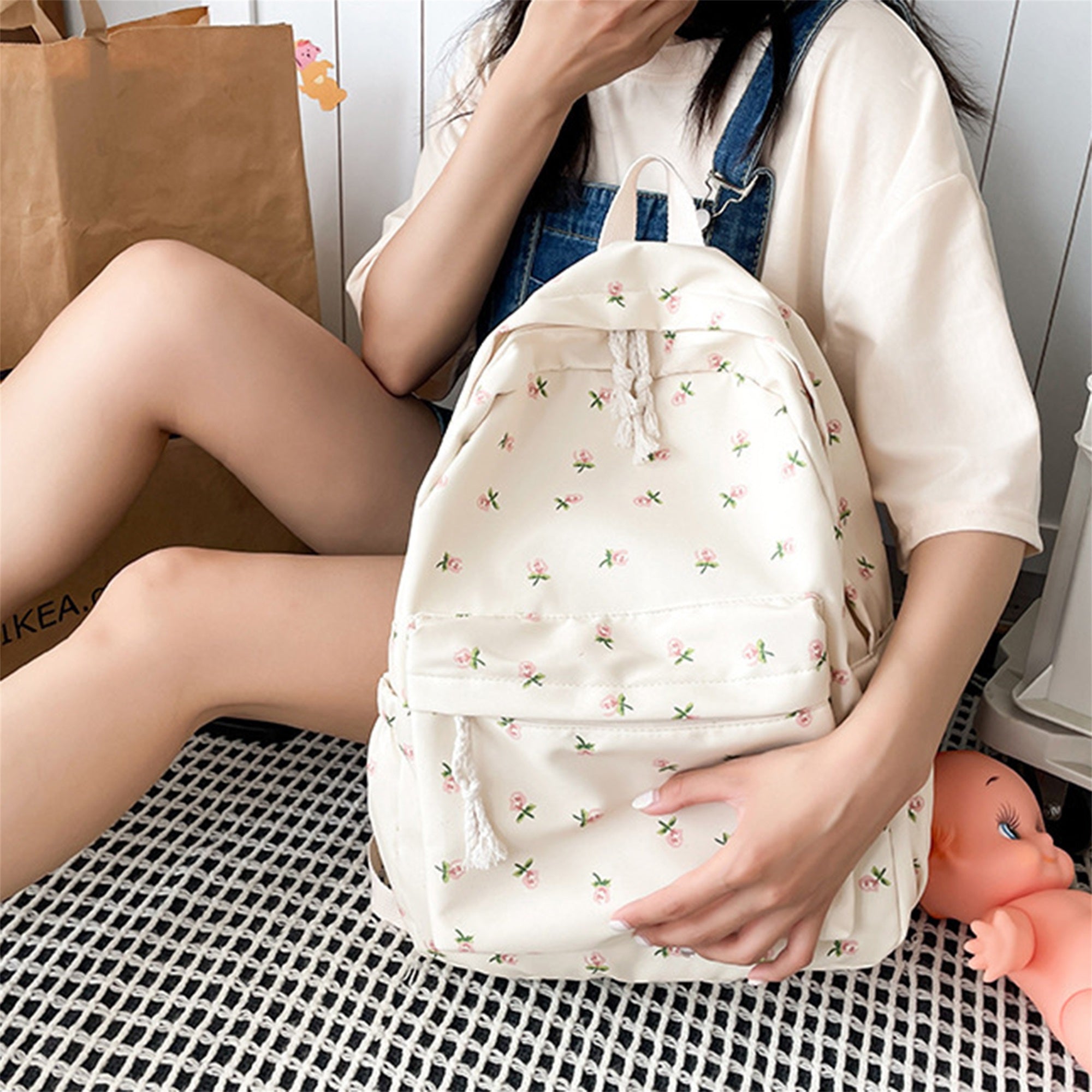 Women's Lightweight Canvas Backpack with Cute Floral Print - Soft Shell School Bookbag, Travel Daypack, Zipper Closure & Narrow Pockets, Machine Washable White, Travel Backpack