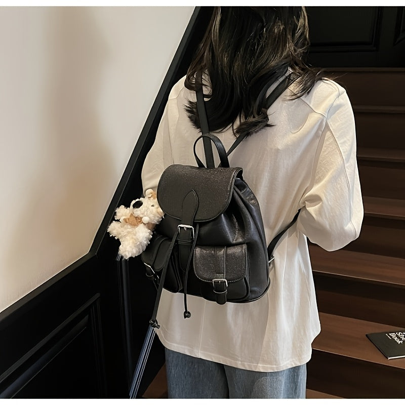 Chic Backpack Chic Lightweight Women's Korean Style Backpack | Two-Pocket Design, Adjustable Straps, Black, Casual Daypack