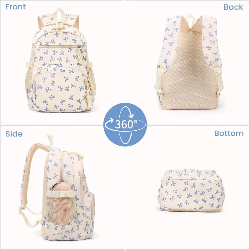 Bow Backpack for Women - Coquette Aesthetic Nylon Rucksack with Cute Kawaii Bow Pattern 3Pcs Set