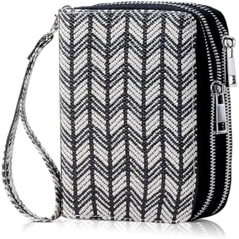 Double Zipper Wallet for Woman - Clutch Purse | Cell Phone Holder for Phone Card Coin Cash, Made of Linen