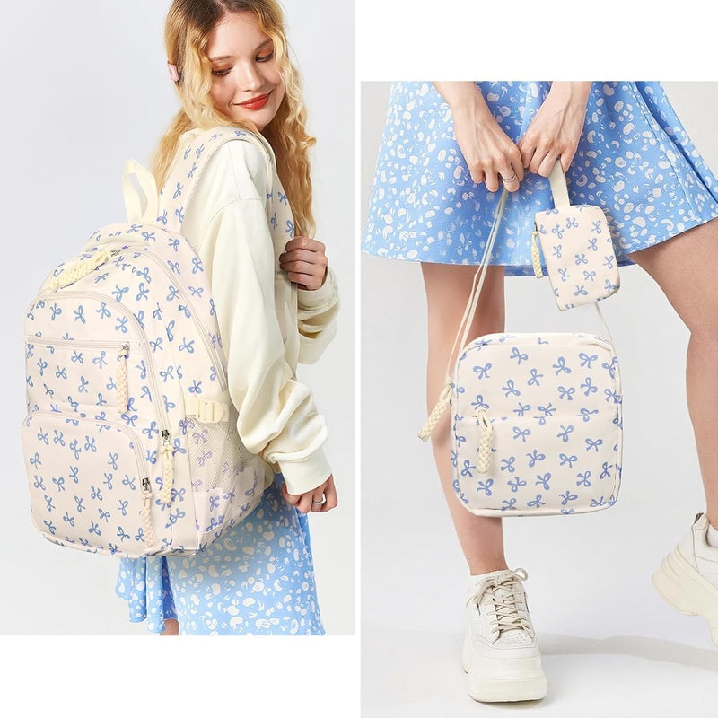 Bow Backpack for Women - Coquette Aesthetic Nylon Rucksack with Cute Kawaii Bow Pattern 3Pcs Set