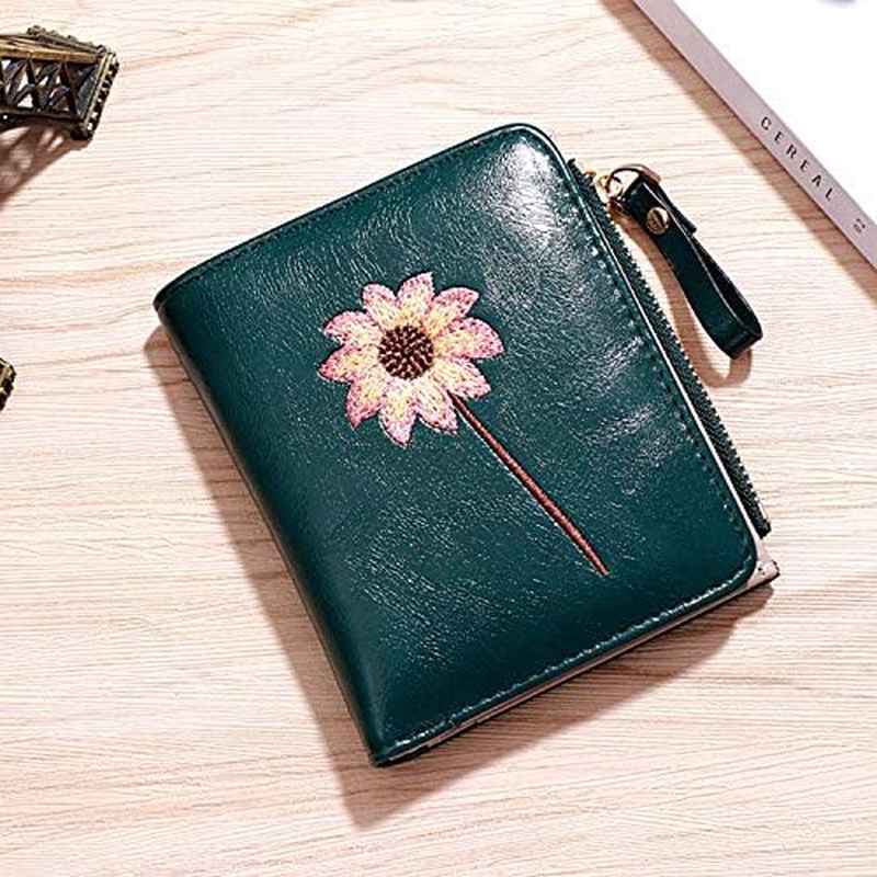 Wallet Small Bifold | RFID, Compact Female Cute Mini Zipper Coin Card Purse for Teen, Green, Fabric, Cartoon Pattern, Hand Washable