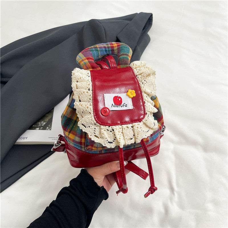 Sweet Lace Trim Backpack - Blue & Red Plaid Bag with Adjustable Strap, -Tone Hardware & Flag Charm-like Tag, Hand Washable Bookbag for, Christmas Gift (Turquoise\u002F Blue)