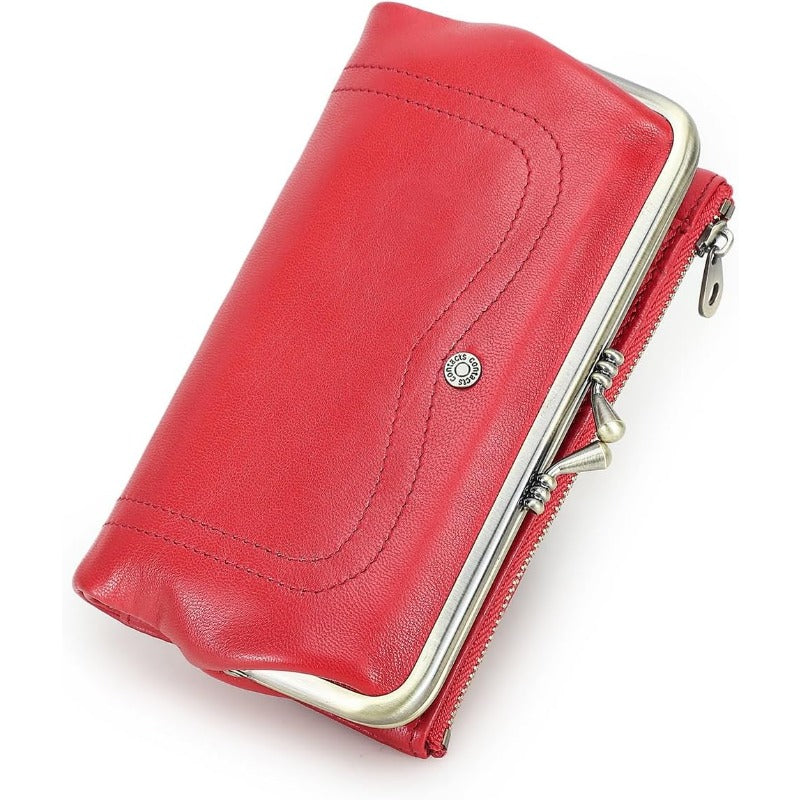 Women'S Vintage Full Grain Goat Leather Kiss Lock Wallet - RFID Blocking Zipper Closure, Red Clutch with Coin Purse, Multi-Compartment Organizer, Photo Holder & Card Slots, Machine Washable, Secure & Stylish Everyday Carry (Durable Non-Wove