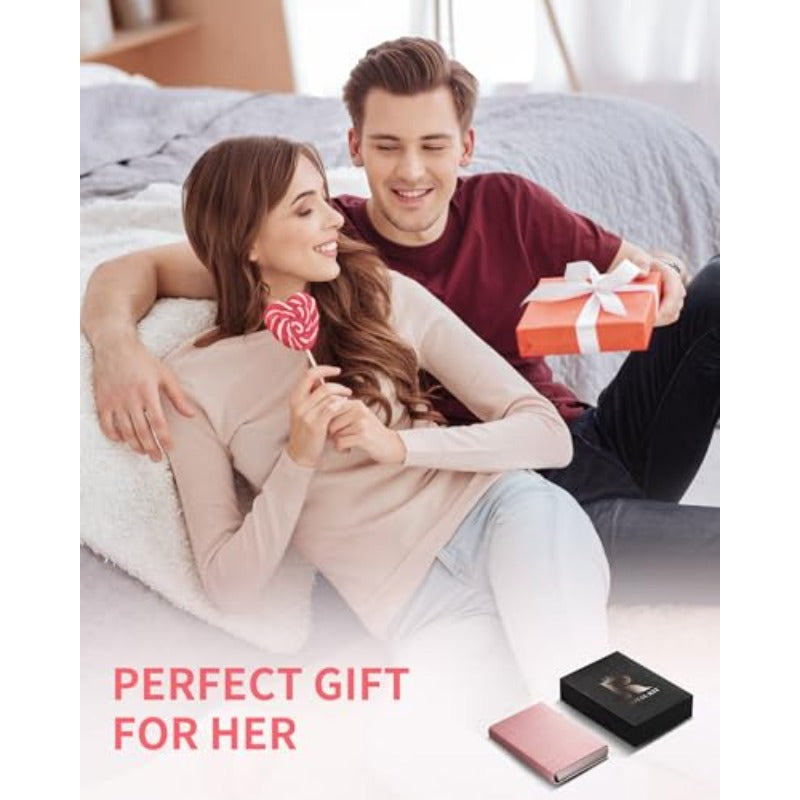 Womens Wallet Card Holder: Pop Up Card Case Genuine Leather RFID Blocking Slim Minimalist Thin Small Size 13 Card Capacitiy ID Window Cash Pocket Pink