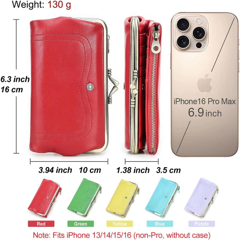 Women'S Vintage Full Grain Goat Leather Kiss Lock Wallet - RFID Blocking Zipper Closure, Red Clutch with Coin Purse, Multi-Compartment Organizer, Photo Holder & Card Slots, Machine Washable, Secure & Stylish Everyday Carry (Durable Non-Wove