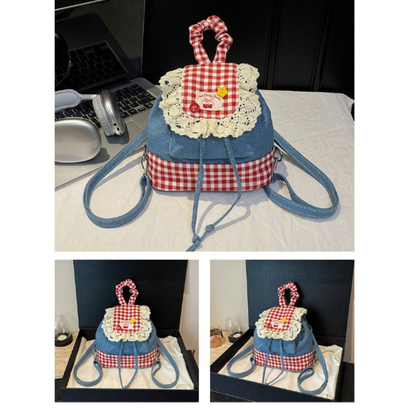 Sweet Lace Trim Backpack - Blue & Red Plaid Bag with Adjustable Strap, -Tone Hardware & Flag Charm-like Tag, Hand Washable Bookbag for, Christmas Gift (Turquoise\u002F Blue)