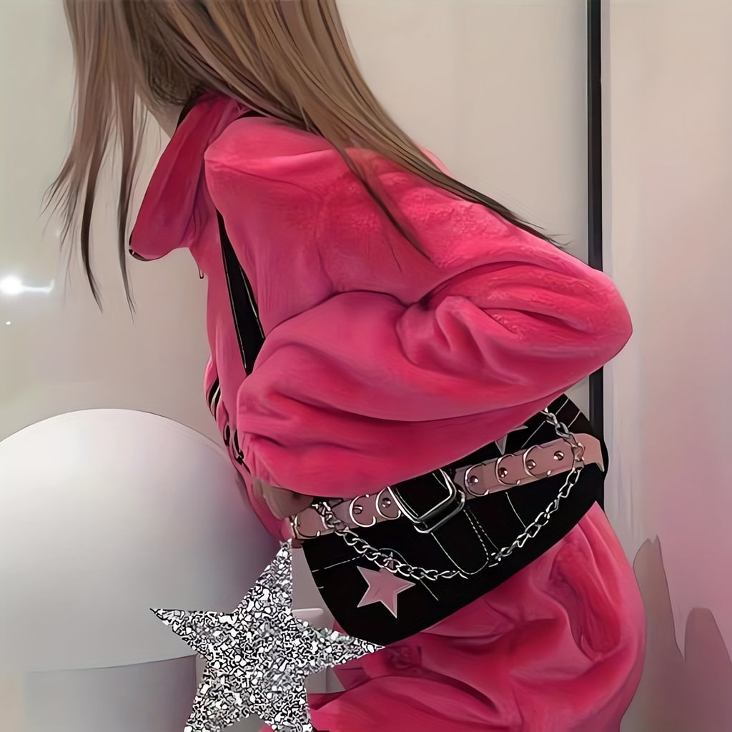 1pc Women's Retro Punk Chain Shoulder Bag - Detachable Strap, Zipper Closure, Nylon Handbag with Black & Red Star Embossed Design, Edgy Urban Style for Casual & Formal Outfits