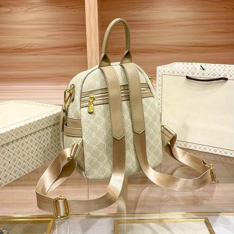 2025 New Women'S Light Luxury Backpack - Large Capacity, Adjustable Straps, Grid Pattern, Beige & Golden-Tone Hardware, Casual Travel & Everyday Use, Backpack for Travel, Stylish Backpack, Durable Zipper Closure