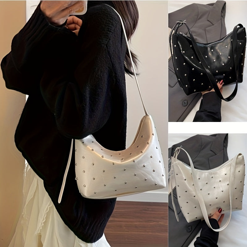 Women's Dumpling Bag with White Studs & Fringe-Free Strap - Cute -like Handbag, Zipper Closure Round Purse for Commuting,, - Black\u002FWhite Crossbody Bag (Casual & Professional)