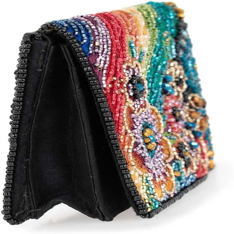 Wallet for various occasions, with rainbow floral design and multiple compartments. Mini clutch purse in multicolor.