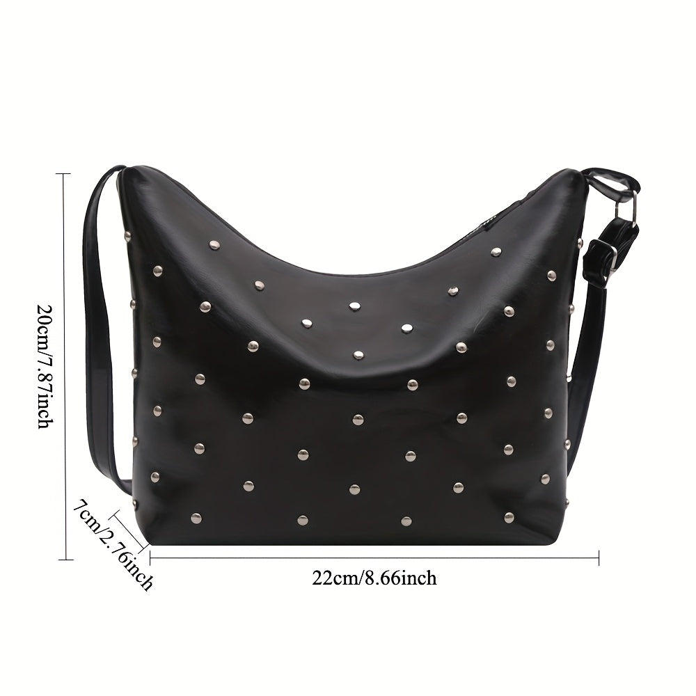 Women's Dumpling Bag with White Studs & Fringe-Free Strap - Cute -like Handbag, Zipper Closure Round Purse for Commuting,, - Black\u002FWhite Crossbody Bag (Casual & Professional)