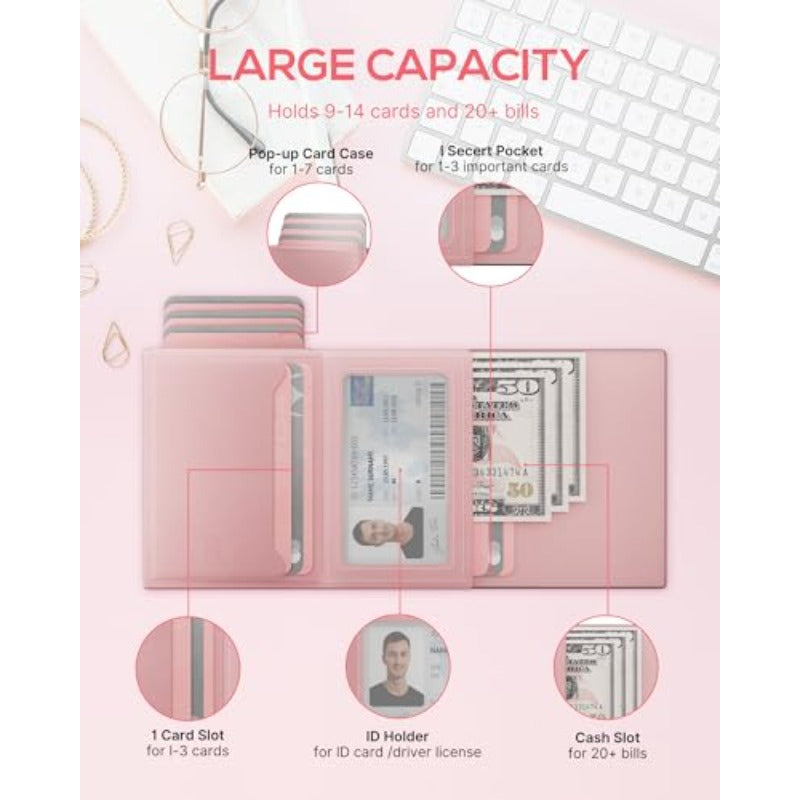 Womens Wallet Card Holder: Pop Up Card Case Genuine Leather RFID Blocking Slim Minimalist Thin Small Size 13 Card Capacitiy ID Window Cash Pocket Pink