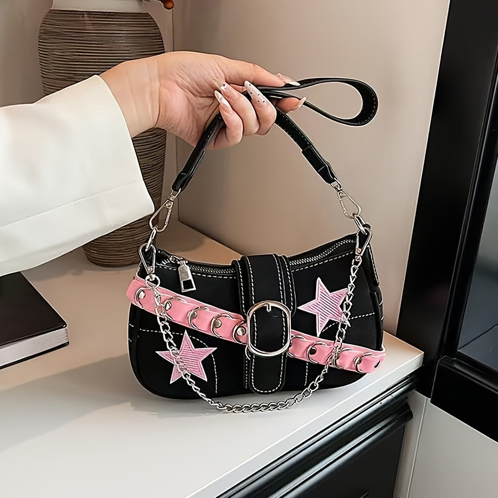 1pc Women's Retro Punk Chain Shoulder Bag - Detachable Strap, Zipper Closure, Nylon Handbag with Black & Red Star Embossed Design, Edgy Urban Style for Casual & Formal Outfits