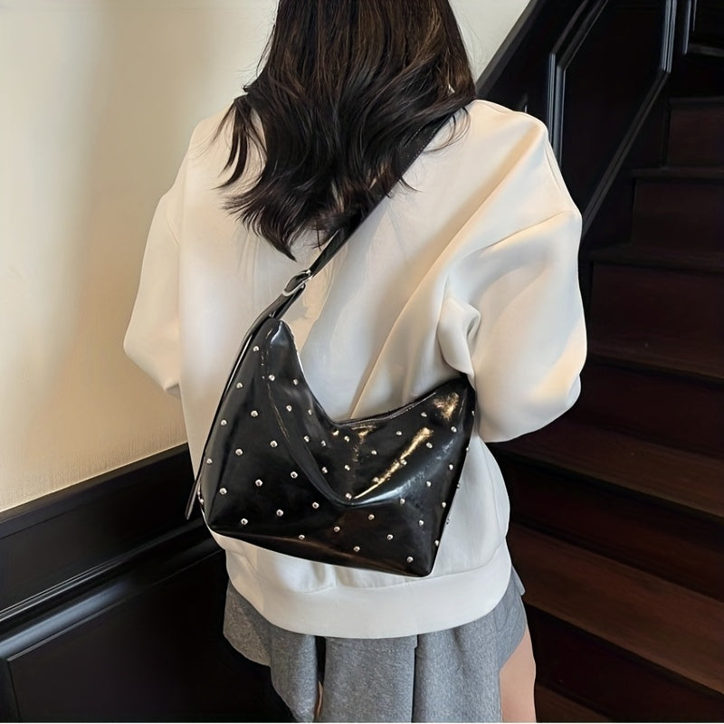 Women's Dumpling Bag with White Studs & Fringe-Free Strap - Cute -like Handbag, Zipper Closure Round Purse for Commuting,, - Black\u002FWhite Crossbody Bag (Casual & Professional)