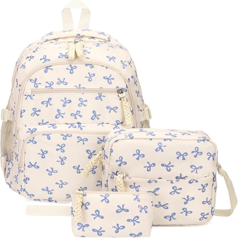 Bow Backpack for Women - Coquette Aesthetic Nylon Rucksack with Cute Kawaii Bow Pattern 3Pcs Set