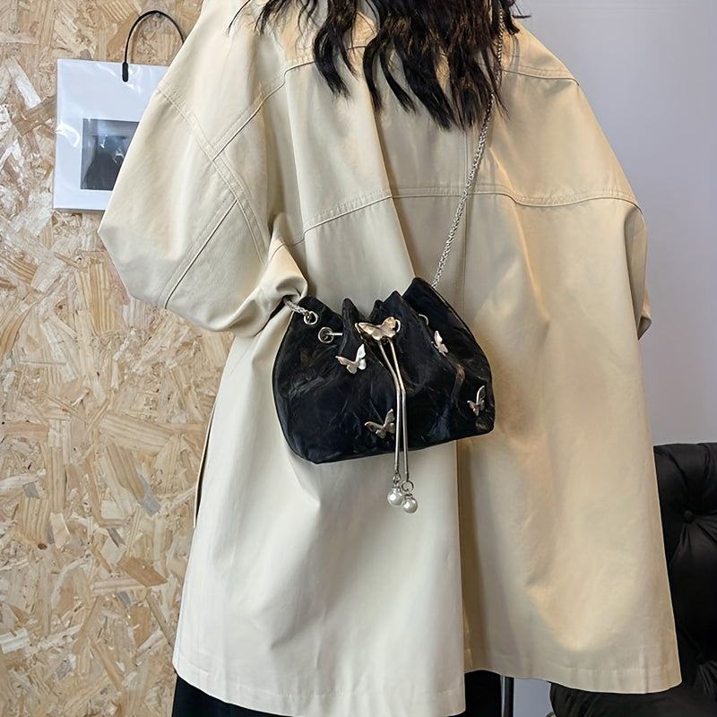 Fashionable Butterfly Crossbody Bag, Pleated Drawstring Butterfly Shoulder Crossbody Bag For Women, Small Chic Bucket Bag, Perfect For Work, Shopping, And Travel