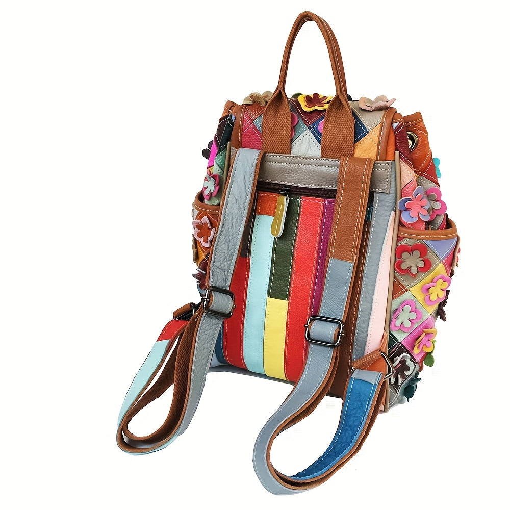 Women'S Bohemian Floral Backpack - Handmade Genuine Cowhide Leather Multicolor Flower Design with Adjustable Straps & Drawstring Closure, Vibrant Boho School Backpack for Travel, Festivals, Everyday Use - Durable & Spacious Main Compartment (No Hard