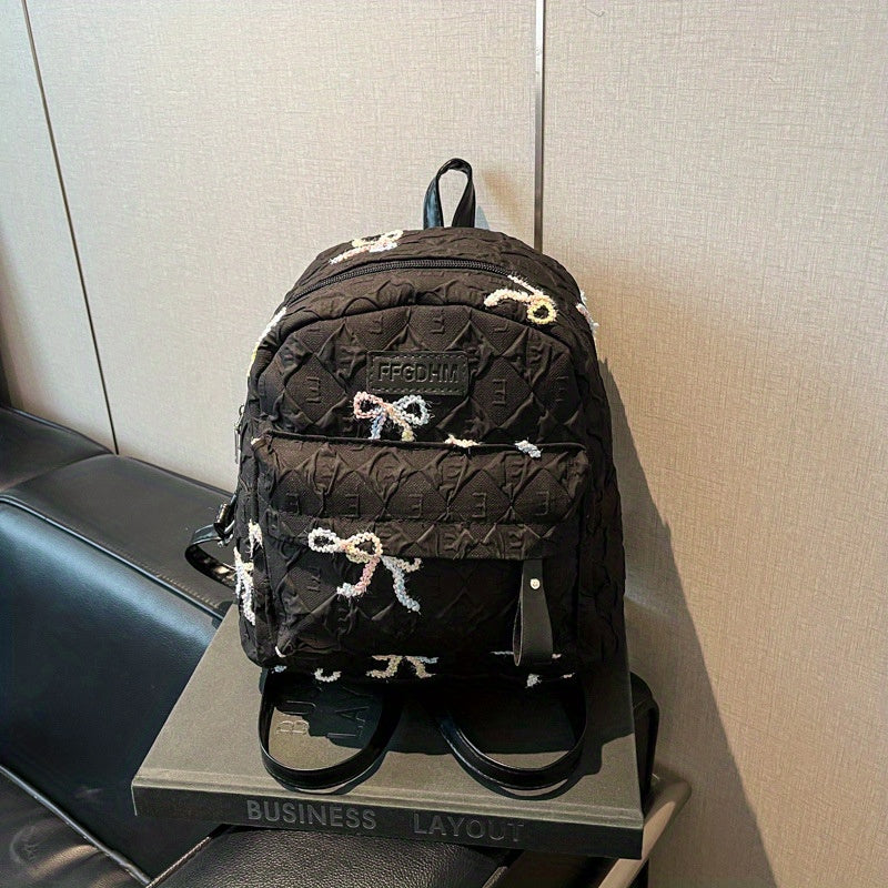 2025 Summer Women'S Backpack - Stylish Pink & Black Quilted Design with Floral Accents, Adjustable Straps, Multiple Compartments, Perfect for, Travel, and Everyday Use, Backpack for, Secure Zipper Closure