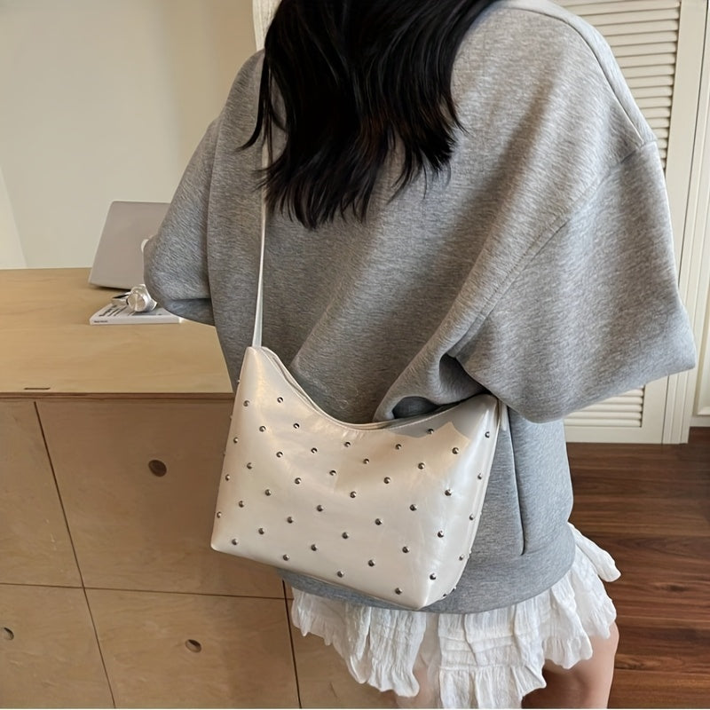 Women's Dumpling Bag with White Studs & Fringe-Free Strap - Cute -like Handbag, Zipper Closure Round Purse for Commuting,, - Black\u002FWhite Crossbody Bag (Casual & Professional)