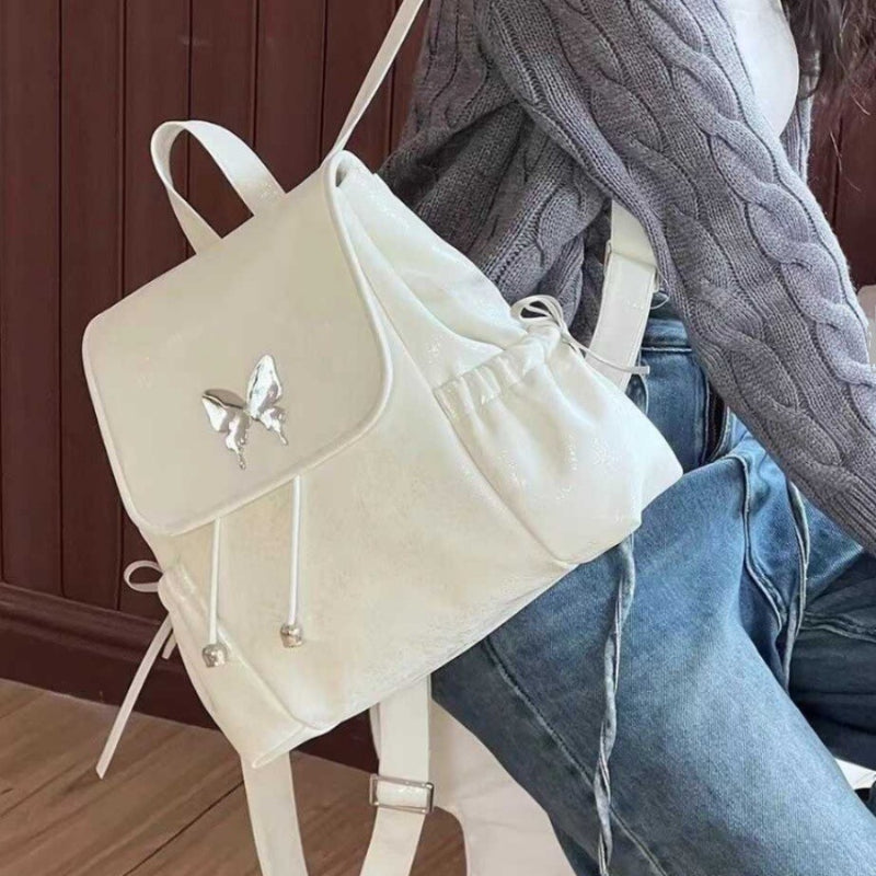 Women's Korean-Style White Layered Backpack - Golden-Tone Hardware & ic Closure, Adjustable Shoulder Straps, Purse-like Design for,, Travel - Elegant Handbag-Backpack Hybrid (\u002FKorean Fashion Collection