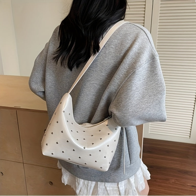 Women's Dumpling Bag with White Studs & Fringe-Free Strap - Cute -like Handbag, Zipper Closure Round Purse for Commuting,, - Black\u002FWhite Crossbody Bag (Casual & Professional)