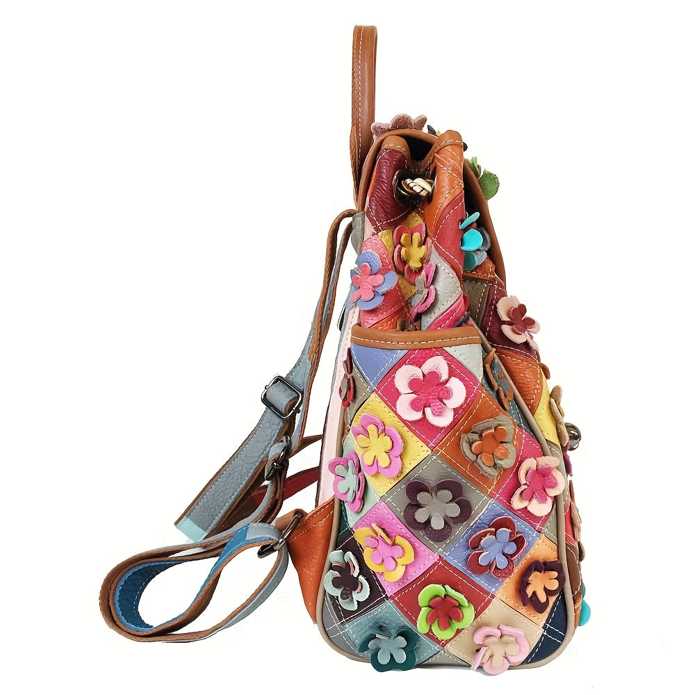 Women'S Bohemian Floral Backpack - Handmade Genuine Cowhide Leather Multicolor Flower Design with Adjustable Straps & Drawstring Closure, Vibrant Boho School Backpack for Travel, Festivals, Everyday Use - Durable & Spacious Main Compartment (No Hard