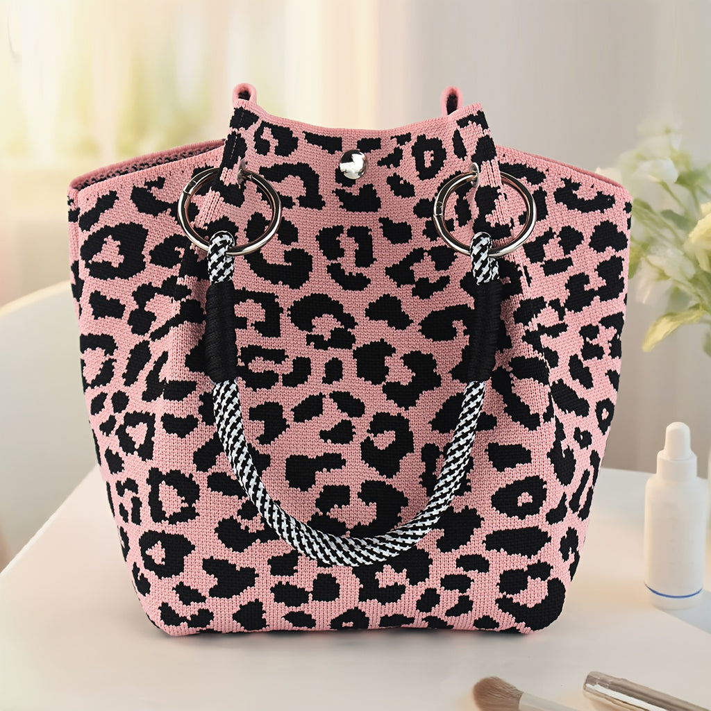 Women'S Leopard Print Tote Bag | Pink Animal Print Handbag with Magnetic Button Closure, Durable & Metal Ring Hardware, Fixed Shoulder Strap for Work, Travel, Commute - Stylish Gift for Women, Trendy Accessory, Sturdy Construction