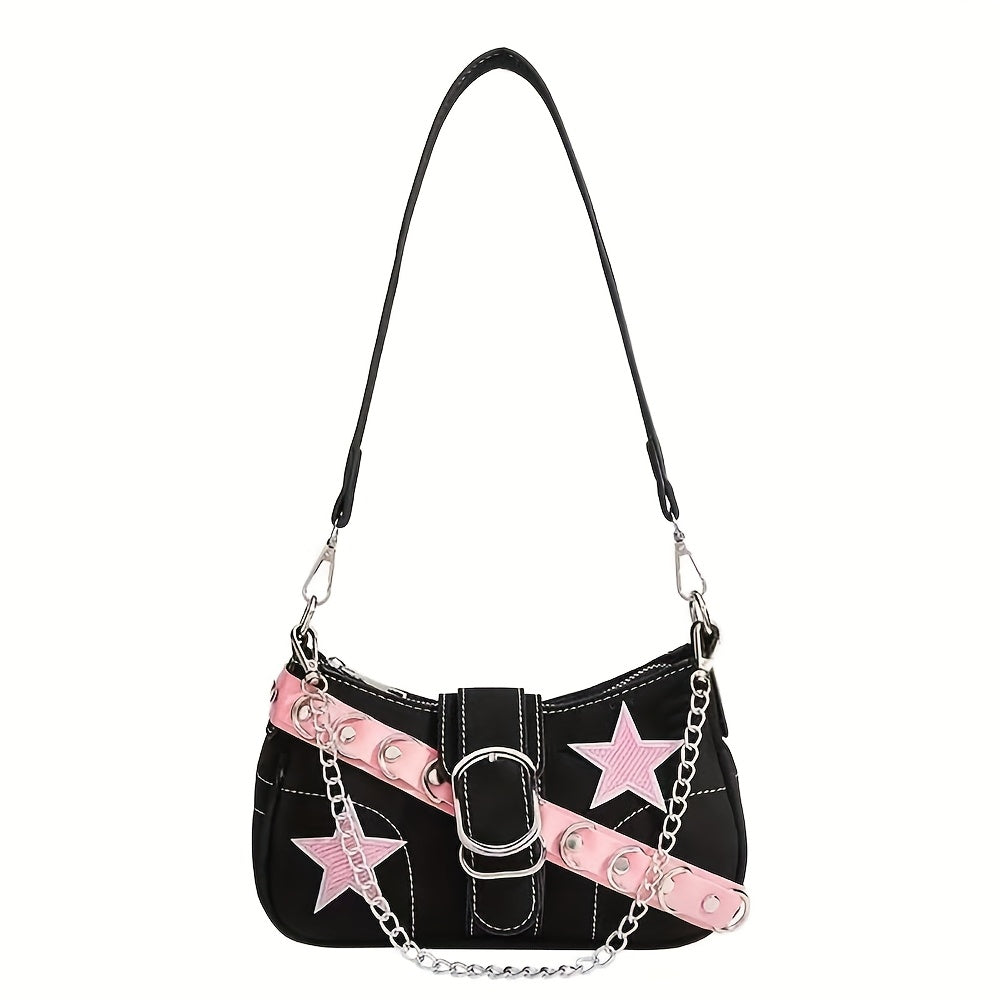 1pc Women's Retro Punk Chain Shoulder Bag - Detachable Strap, Zipper Closure, Nylon Handbag with Black & Red Star Embossed Design, Edgy Urban Style for Casual & Formal Outfits
