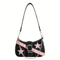 1pc Women's Retro Punk Chain Shoulder Bag - Detachable Strap, Zipper Closure, Nylon Handbag with Black & Red Star Embossed Design, Edgy Urban Style for Casual & Formal Outfits