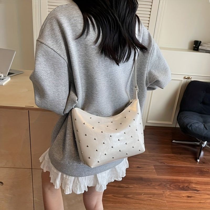 Women's Dumpling Bag with White Studs & Fringe-Free Strap - Cute -like Handbag, Zipper Closure Round Purse for Commuting,, - Black\u002FWhite Crossbody Bag (Casual & Professional)