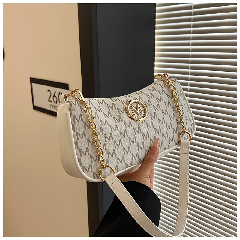 French-Style Vintage Underarm Bag for, New Letter Print Small Square Bag with Chain Shoulder Strap, Perfect Shoulder Bag with M Logo - Zipper Closure Shoulder Bag, Suitable for Daily Commute and Casual Outings, Fashion Accessory, Stylish Handbag