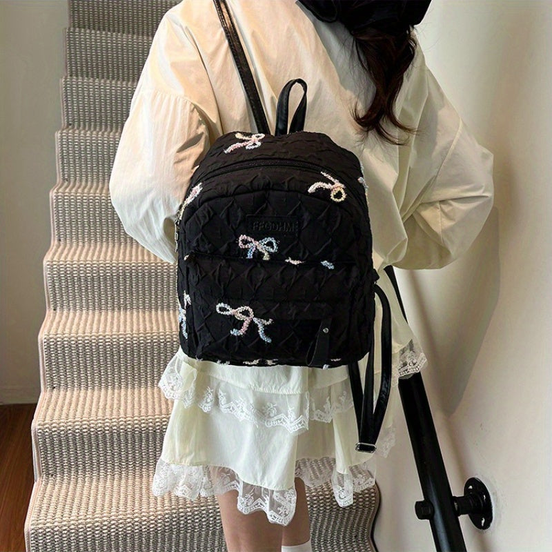 2025 Summer Women'S Backpack - Stylish Pink & Black Quilted Design with Floral Accents, Adjustable Straps, Multiple Compartments, Perfect for, Travel, and Everyday Use, Backpack for, Secure Zipper Closure