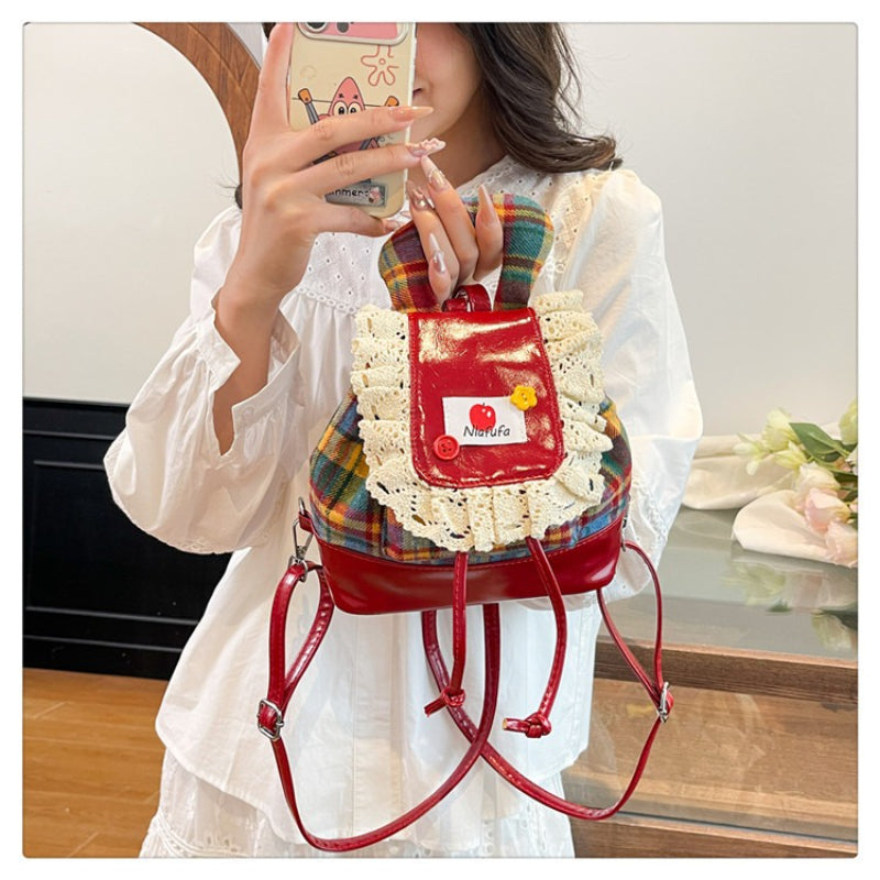 Sweet Lace Trim Backpack - Blue & Red Plaid Bag with Adjustable Strap, -Tone Hardware & Flag Charm-like Tag, Hand Washable Bookbag for, Christmas Gift (Turquoise\u002F Blue)