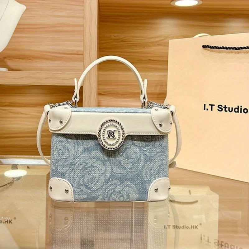 Style Decode Handbag for Women, Minimalist Bucket Bag, Lightweight Luxury Handbag with Magnetic Closure, Blue Cloud Pattern, Polyester Lining, Perfect for Casual & Office Use