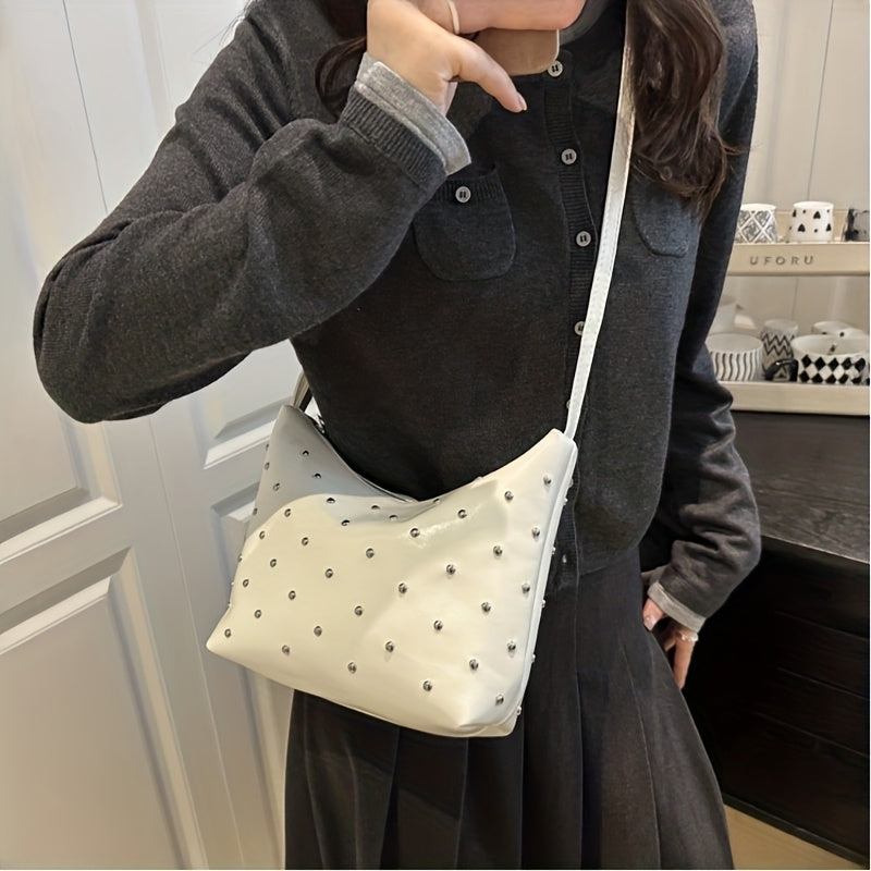Women's Dumpling Bag with White Studs & Fringe-Free Strap - Cute -like Handbag, Zipper Closure Round Purse for Commuting,, - Black\u002FWhite Crossbody Bag (Casual & Professional)