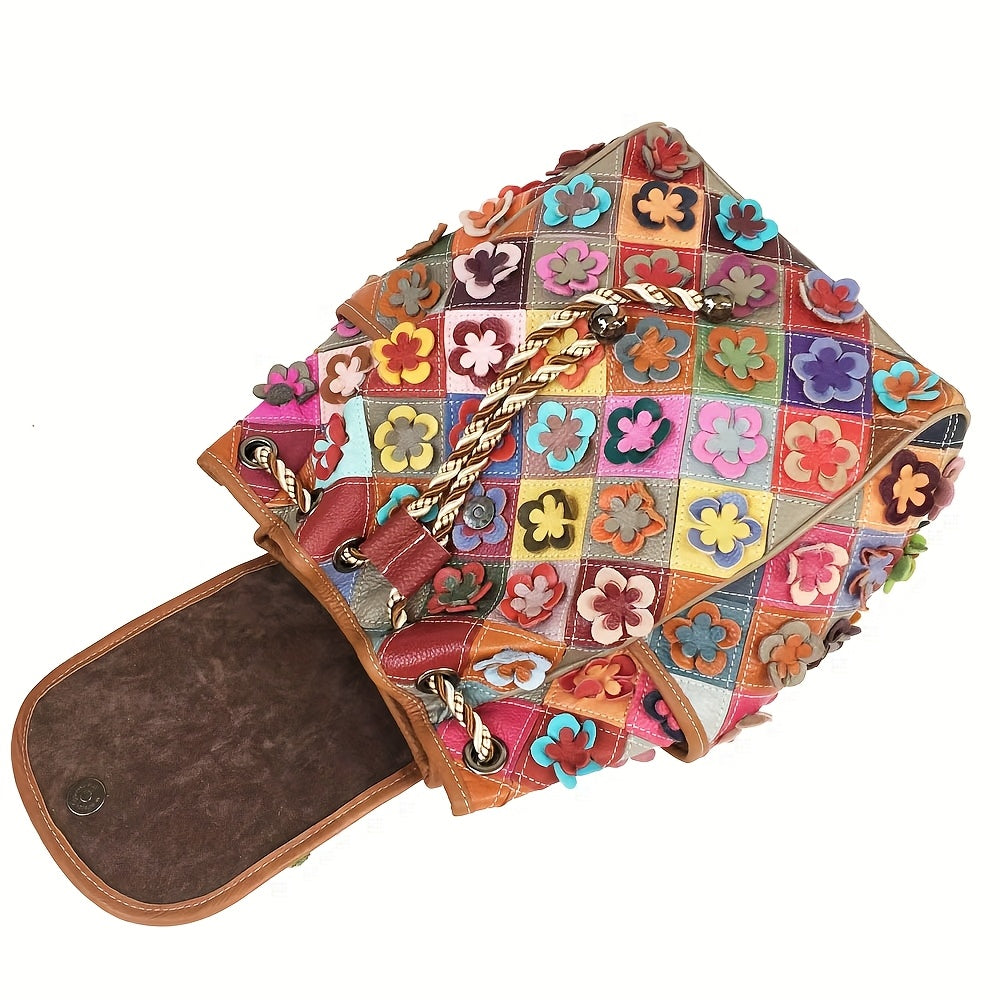 Women'S Bohemian Floral Backpack - Handmade Genuine Cowhide Leather Multicolor Flower Design with Adjustable Straps & Drawstring Closure, Vibrant Boho School Backpack for Travel, Festivals, Everyday Use - Durable & Spacious Main Compartment (No Hard