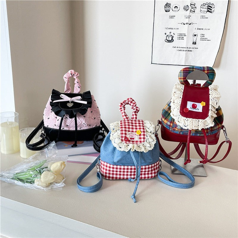 Sweet Lace Trim Backpack - Blue & Red Plaid Bag with Adjustable Strap, -Tone Hardware & Flag Charm-like Tag, Hand Washable Bookbag for, Christmas Gift (Turquoise\u002F Blue)