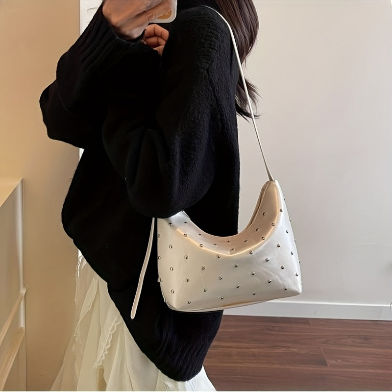 Women's Dumpling Bag with White Studs & Fringe-Free Strap - Cute -like Handbag, Zipper Closure Round Purse for Commuting,, - Black\u002FWhite Crossbody Bag (Casual & Professional)