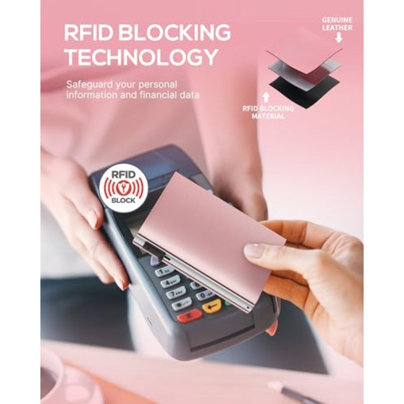 Womens Wallet Card Holder: Pop Up Card Case Genuine Leather RFID Blocking Slim Minimalist Thin Small Size 13 Card Capacitiy ID Window Cash Pocket Pink