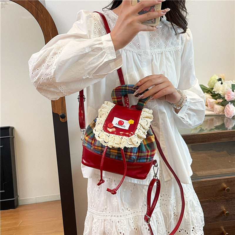 Sweet Lace Trim Backpack - Blue & Red Plaid Bag with Adjustable Strap, -Tone Hardware & Flag Charm-like Tag, Hand Washable Bookbag for, Christmas Gift (Turquoise\u002F Blue)