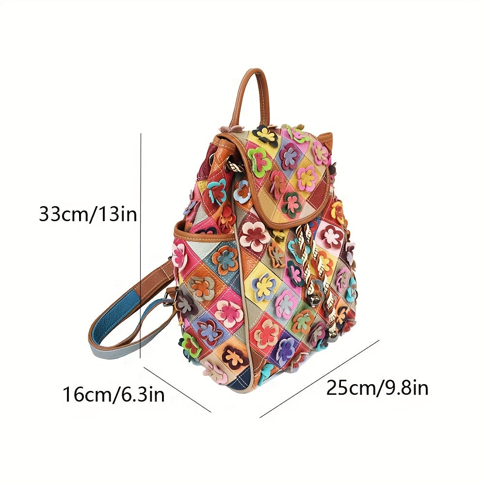Women'S Bohemian Floral Backpack - Handmade Genuine Cowhide Leather Multicolor Flower Design with Adjustable Straps & Drawstring Closure, Vibrant Boho School Backpack for Travel, Festivals, Everyday Use - Durable & Spacious Main Compartment (No Hard